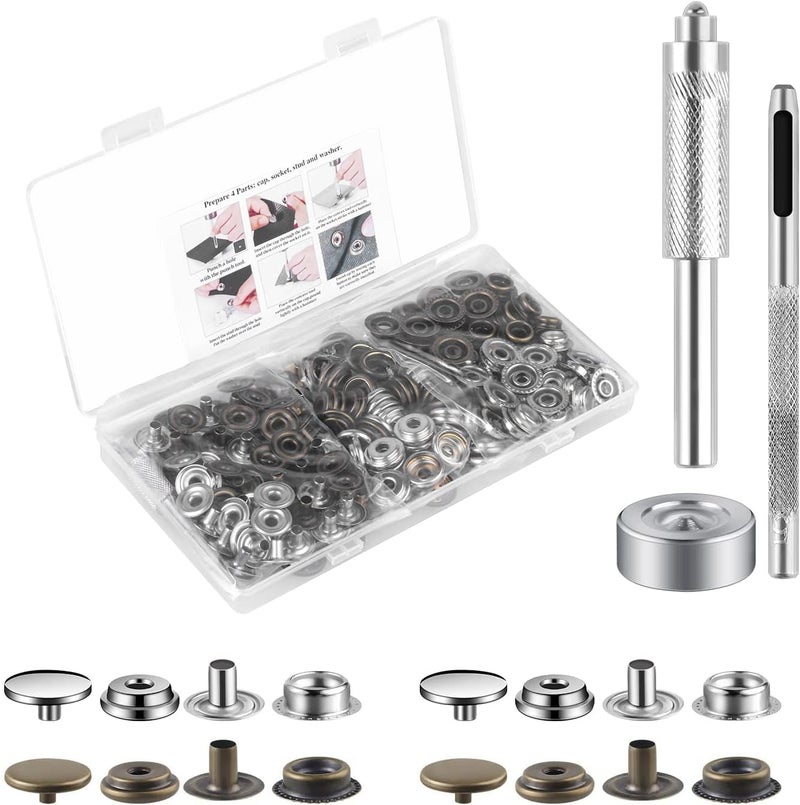 Moocci 200 Pcs (50 Sets) Leather Snap Fastener Kit Tool 5/8 inches (15mm) Snaps for Leather Press Studs Stainless Snap Buttons for Bag, Jeans, Clothes, Fabric (Silver+Bronze) - Image 1